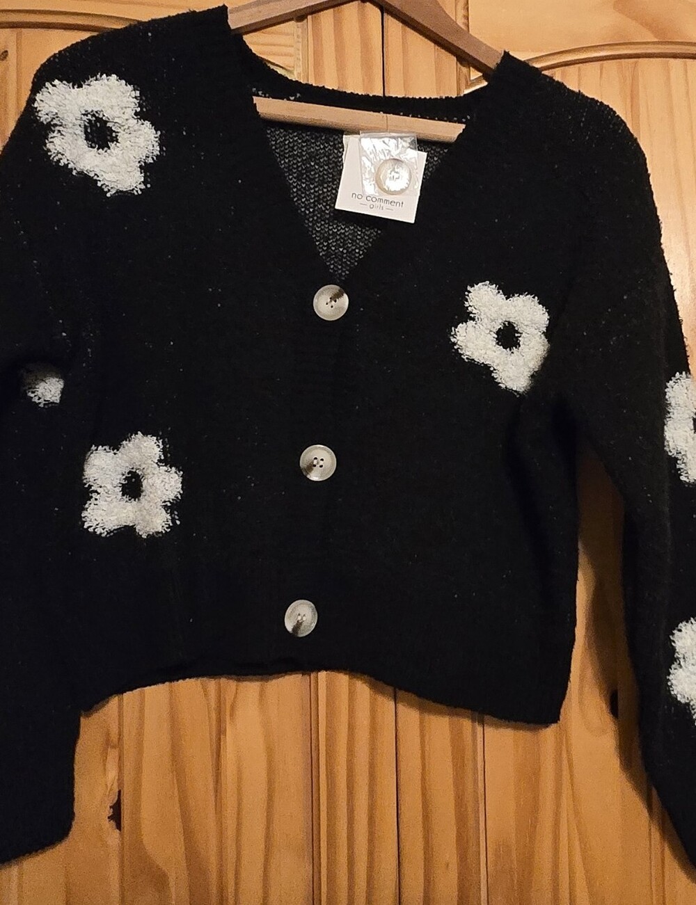No Comment Black Floral Button-Front Sweater Sz 14 Nwt